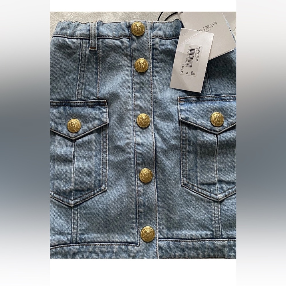 Balmain Blue Denim Skirt with Gold Accents